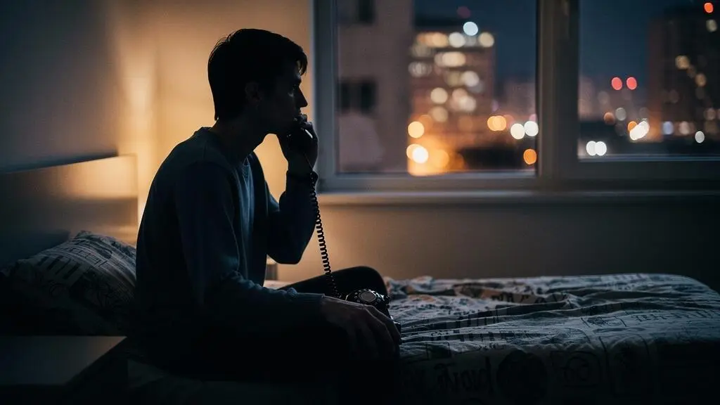 Personne seule dans la pénombre tenant un téléphone, symbolisant l'appel à l'aide un dimanche soir de détresse psychologique