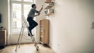Une personne seule sur un escabeau dans un intérieur domestique lumineux, en équilibre précaire pendant des travaux de bricolage, illustrant le risque d'accident domestique