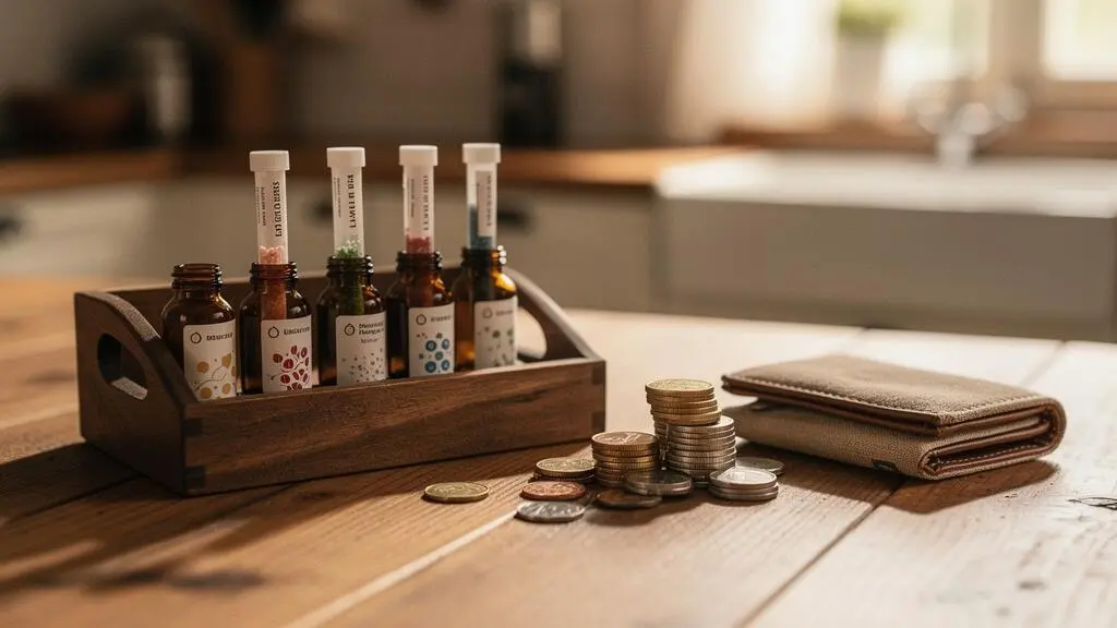 Composition symbolique illustrant l'équilibre entre le budget familial et la poursuite de soins homéopathiques en France