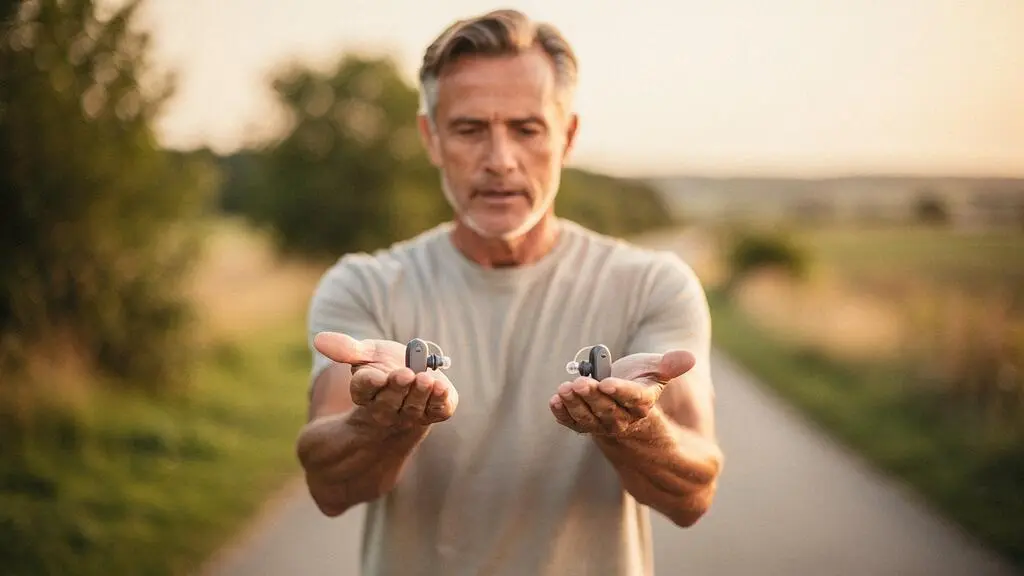 Deux mains tenant délicatement un appareil auditif intra-auriculaire et un contour d'oreille, symbolisant le choix entre deux solutions pour une vie active