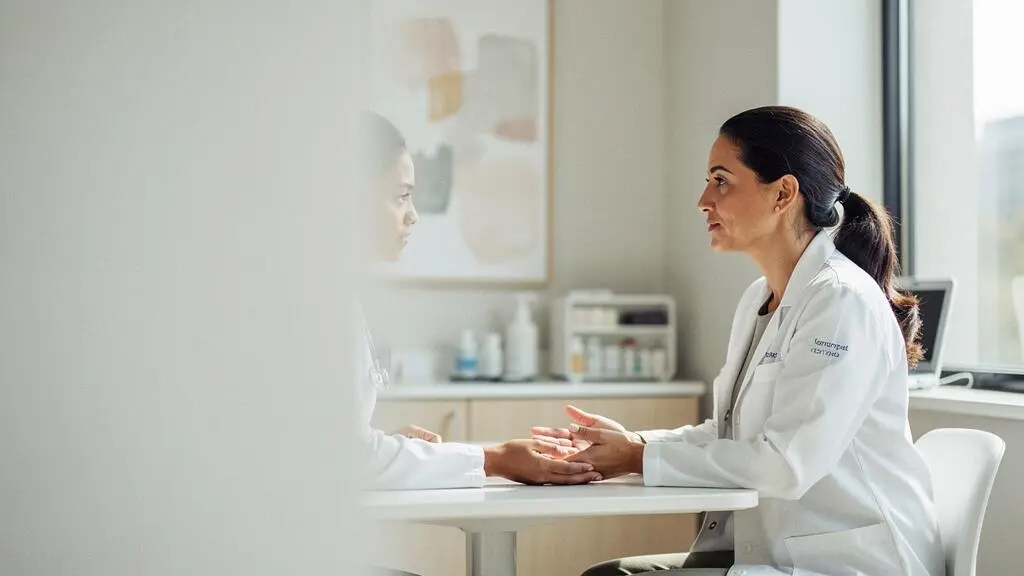 Femme en consultation avec une gynécologue dans un cabinet médical lumineux, symbolisant le choix éclairé d'une couverture santé adaptée