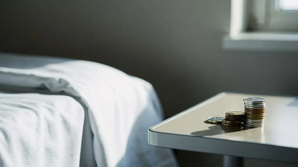 Une pile de pieces de monnaie posee au pied d'un lit d'hopital vide, symbolisant le reste a charge financier d'une hospitalisation sans mutuelle