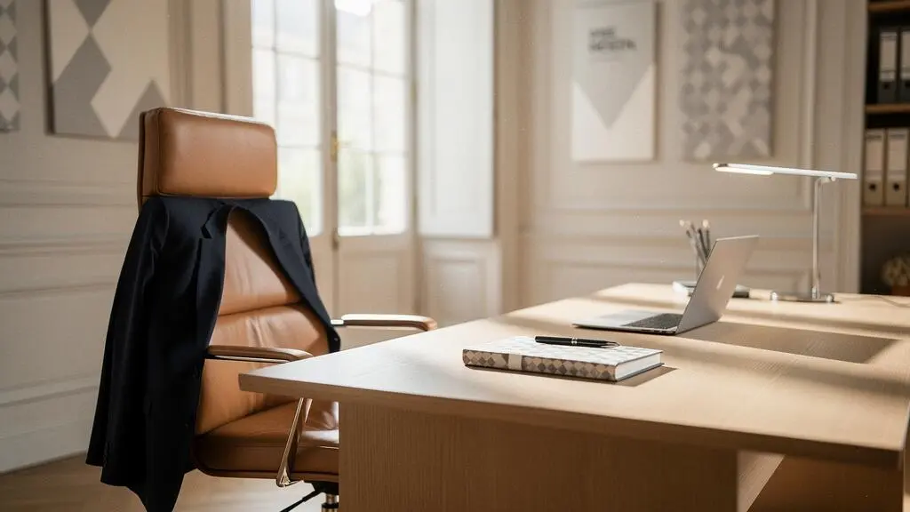 Bureau de direction avec fauteuil vide symbolisant l'absence soudaine du dirigeant et la continuite de l'entreprise
