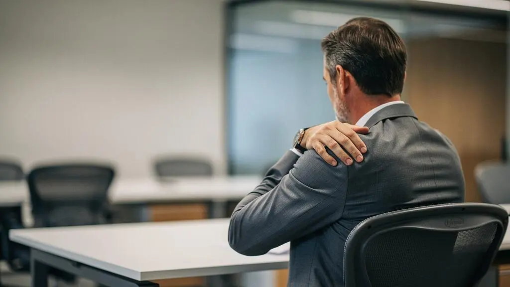 Silhouette d'une personne au bureau portant la main à son epaule, evoquant la douleur liee au travail