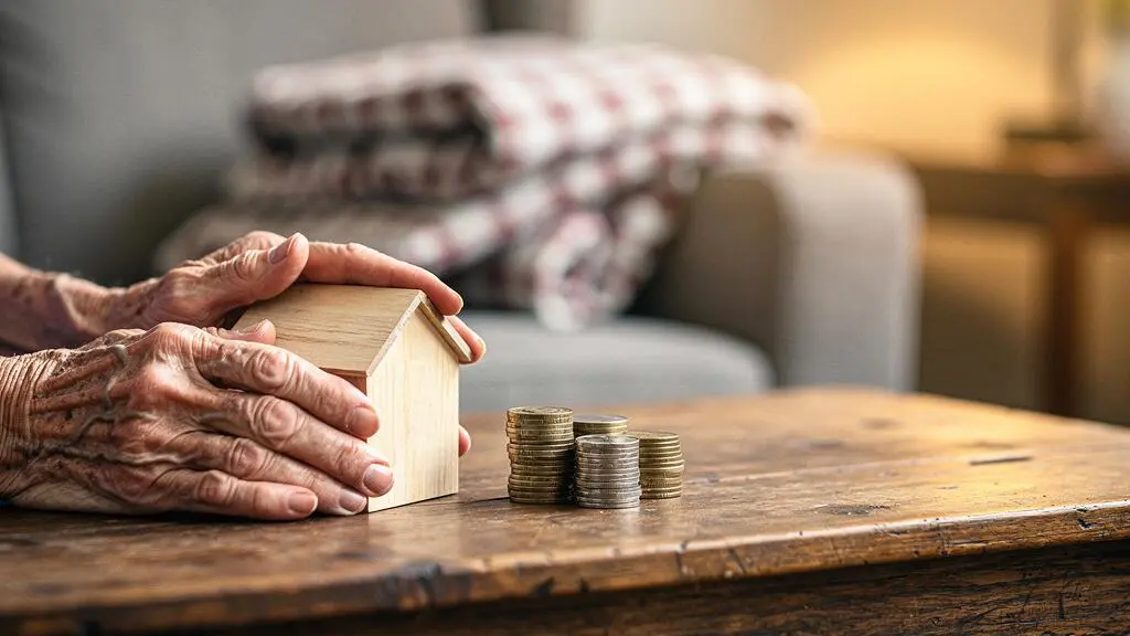 Mains âgées posées sur une maison miniature à côté d'une pile de pièces, symbolisant l'équilibre entre financer l'EHPAD et préserver le patrimoine familial