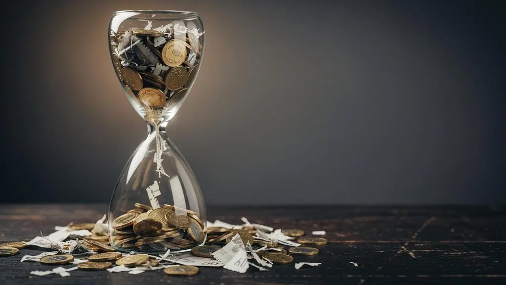 Sablier symbolique dont le sable est remplacé par des pièces de monnaie s'écoulant, illustrant l'érosion du pouvoir d'achat de l'épargne dans le temps
