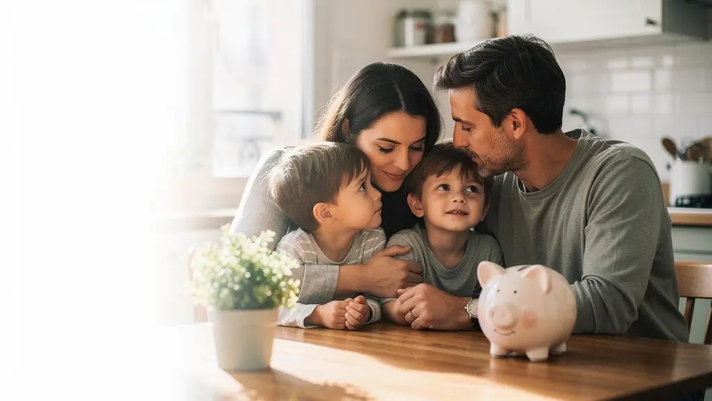 Illustration d'une famille sereine symbolisant l'équilibre entre économies sur la mutuelle et protection santé des enfants