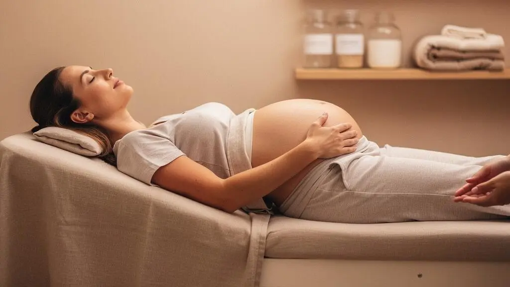 Femme enceinte allongee et apaisee lors d'une seance de medecine douce dans un cadre lumineux et chaleureux