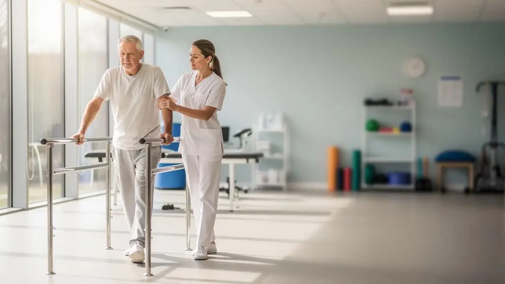 Patient en rééducation accompagné par un kinésithérapeute dans une clinique lumineuse, illustrant la prise en charge d'un long séjour de soins