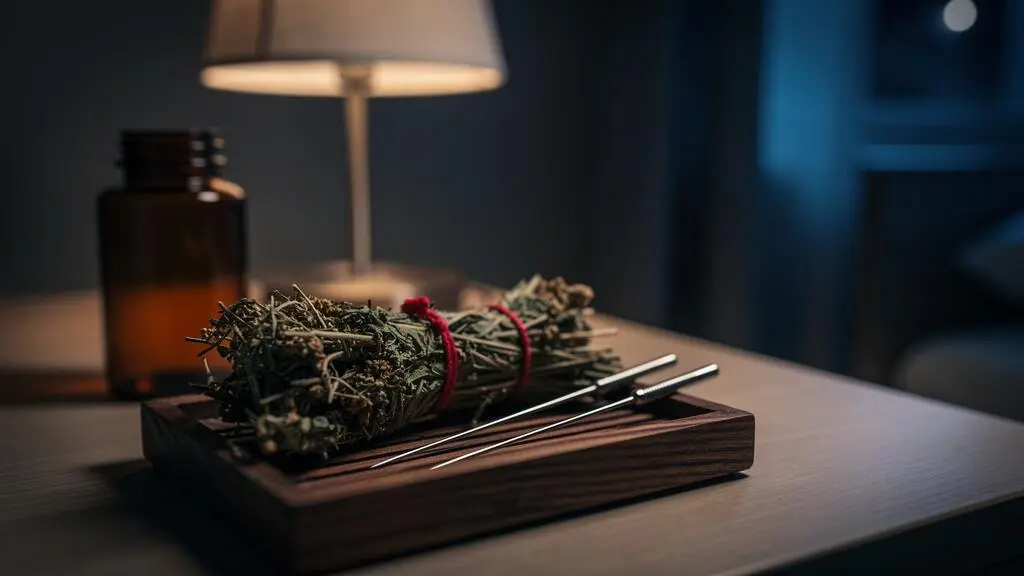 Composition symbolique illustrant la rencontre entre la médecine traditionnelle chinoise et les troubles du sommeil résistants aux somnifères