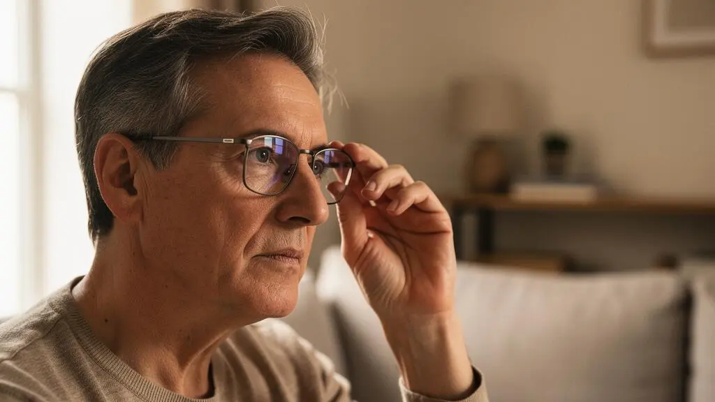 Portrait d'une personne d'âge mûr portant des lunettes progressives, le regard pensif, symbolisant l'arbitrage financier autour des soins de santé complémentaires