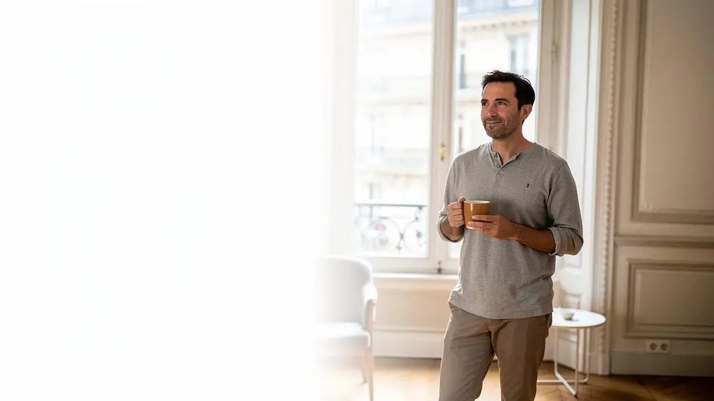 Adulte actif en pleine santé, symbole de la protection mutuelle avant 40 ans, dans un intérieur lumineux et épuré