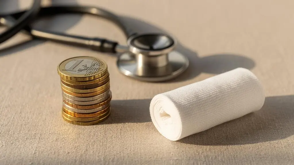 Composition symbolique de pieces de monnaie et d'un stethoscope illustrant la reduction du reste a charge sante