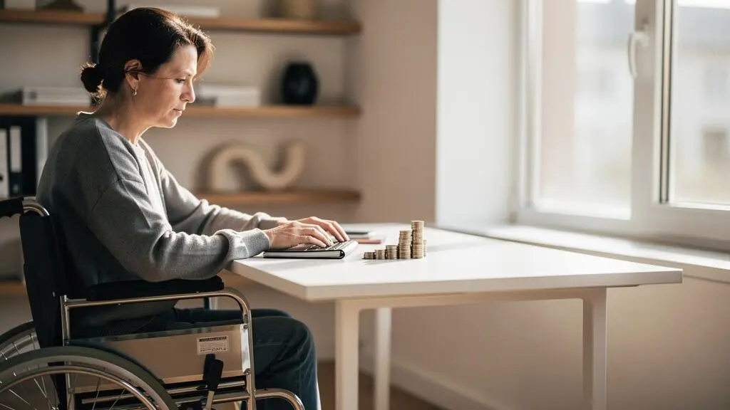 Personne en fauteuil roulant travaillant à un bureau lumineux, symbolisant l'équilibre entre activité professionnelle et pension d'invalidité