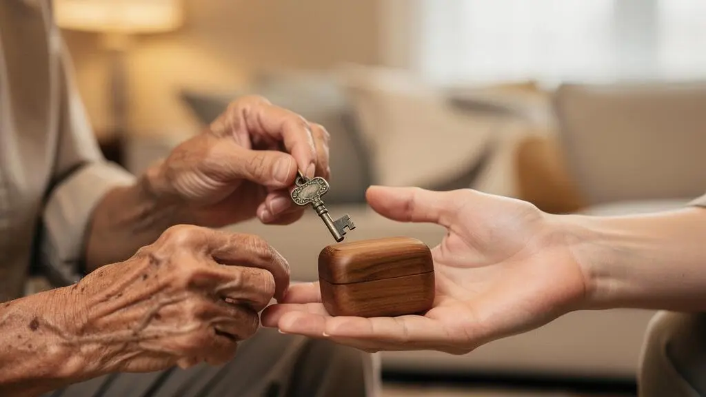 Main d'un grand-parent transmettant symboliquement un héritage à la génération suivante